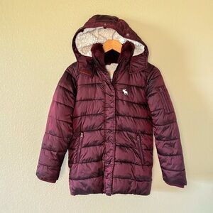 abercrombie kids Burgundy Hooded Puffer Jacket with Sherpa Lining 11/12